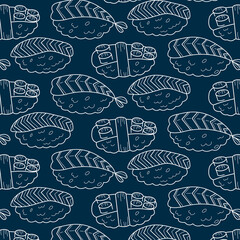 Pattern Different Sushi Nigiri line on dark background
