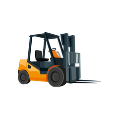 Modern counterbalance forklift cartoon illustration. Industrial vehicle for work in warehouse isolated on white background. Logistic, distribution, shipment, storage, transportation concept