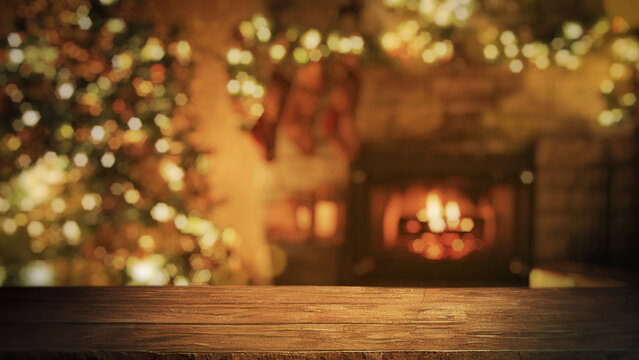Empty wood table top with blur Christmas tree with bokeh light background free space for product 