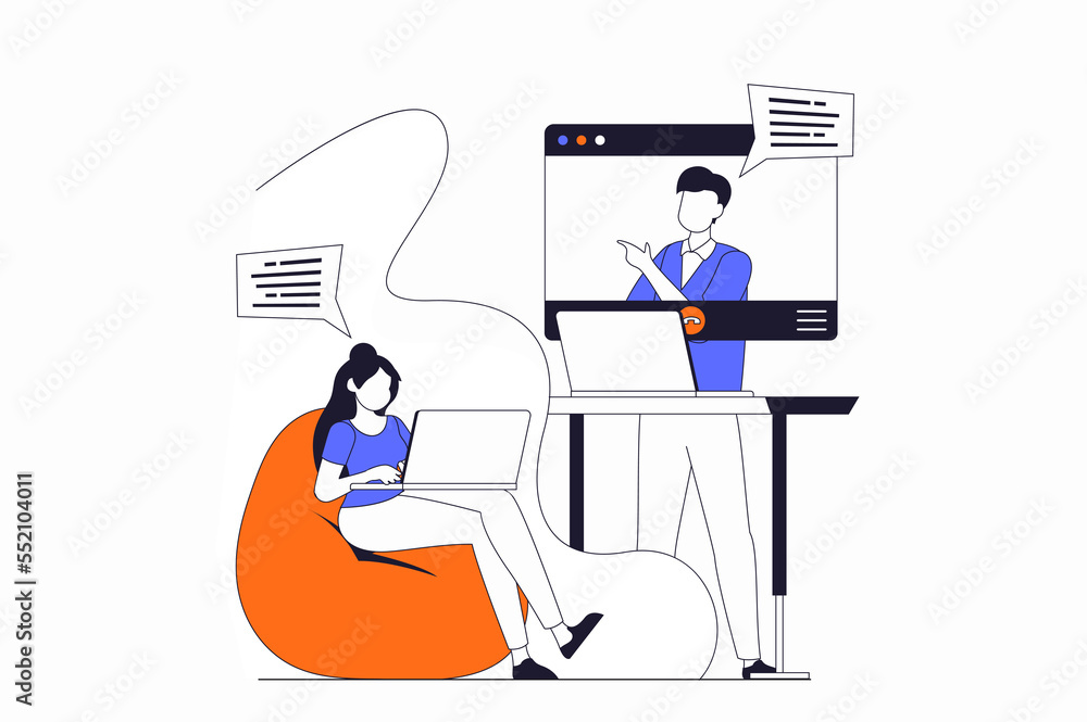 Poster Video conference concept with people scene in flat outline design. Man and woman colleagues communicate online using video calls at laptops. Illustration with line character situation for web