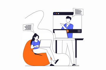 Video conference concept with people scene in flat outline design. Man and woman colleagues communicate online using video calls at laptops. Illustration with line character situation for web