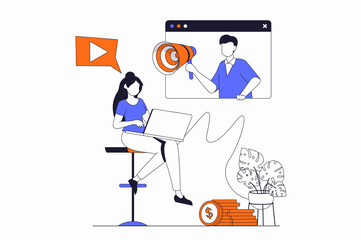 Video marketing concept with people scene in flat outline design. Woman watching video on laptop with promo content. Man promoting online. Illustration with line character situation for web