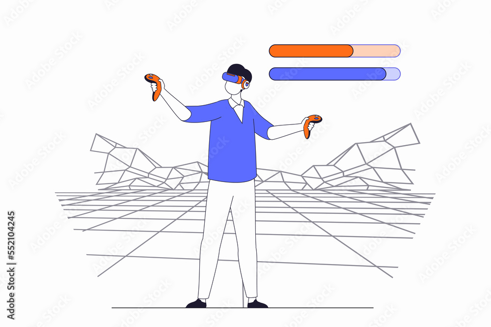 Leinwandbilder Virtual reality concept with people scene in flat outline design. Man in VR headset and controllers interacts with augmented reality space. Illustration with line character situation for web