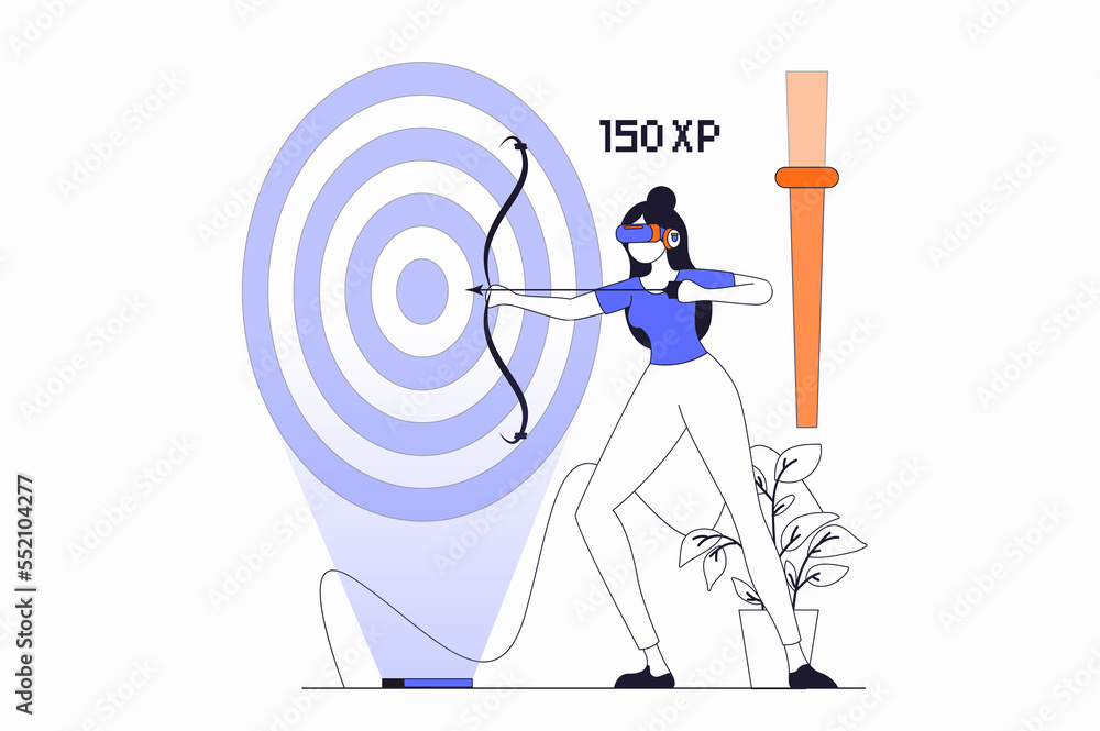 Leinwandbilder virtual reality concept with people scene in flat outline design. woman in vr headset plays augmente