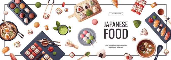 Banner design with Sushi, Miso soup, ramen, onigiri, dango, mochi, matcha tea. Japanese food, healthy eating, cooking, menu concept. Vector illustration. Banner, promo, flyer, advertising. © TatyanaYagudina