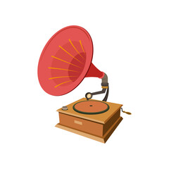 Old-fashioned gramophone cartoon illustration. Vintage music player, old device for listening to jazz or classic music and vinyl records isolated on white background. Entertainment, media concept