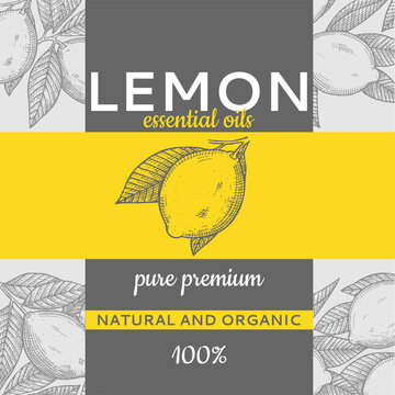 Lemon oil cover design with hand drawn lemons. Vector Illustration. 