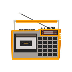 Old-fashioned radio with antenna recorder cartoon illustration. Cartoon drawing of vintage yellow tape recorder isolated on white background. Media, radio, entertainment concept