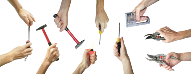 Hands holding construction tools isolated on white background. Banner, collage.