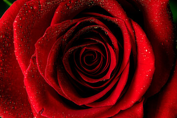 Water drops on the red rose petals. Valentine day concept