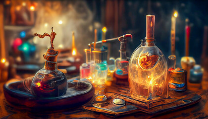 Fototapeta na wymiar Wizard laboratory, chemical tubes and flasks of different shape and color, generative ai illustration