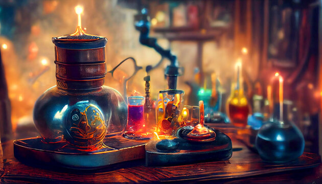 Wizard laboratory, chemical tubes and flasks of different shape and color, illustration in 3D style