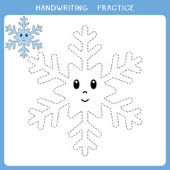 Handwriting practice sheet. Simple educational game for kids. Vector illustration of cute snowflake for coloring book