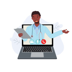 Fototapeta na wymiar Online doctor consultant concept. male african therapist on chat in laptop. Ask doctor. Online medical advise or consultation service, tele medicine, Vector flat illustration.