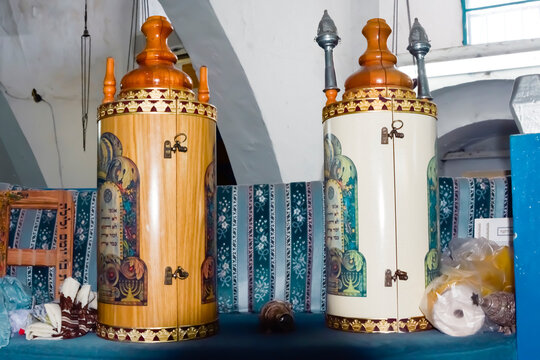 sefer torah Torah scrolls A silver antique with a tour of the tablets of the covenant with  placed in a An ancient synagogue in israel