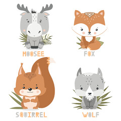 Cards with cute animals and their names for children. Vector illustration.