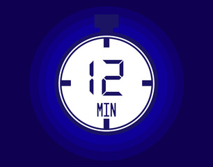 12 minutes stopwatch vector icon. Stopwatch icon in clock style. Timer for schedules and appointments on blue background