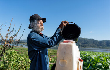 Farmer prepare spraying engine on back and spray pesticide mixed with water on tobacco tree