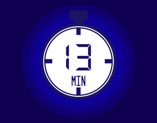 13 minutes stopwatch vector icon. Stopwatch icon in clock style. Timer for schedules and appointments on blue background