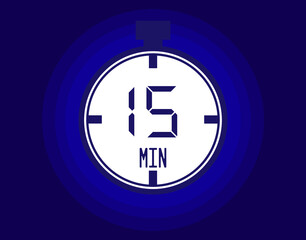 15 minutes stopwatch vector icon. Stopwatch icon in clock style. Timer for schedules and appointments on blue background