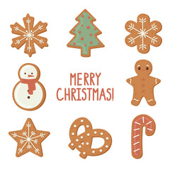 Christmas homemade cookies with frosting in different shapes. Vector illustration.