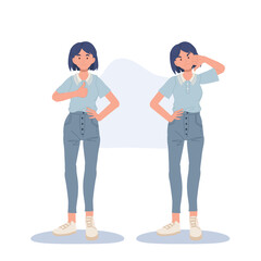 Fototapeta premium woman in casual clothes gesturing thumb up and thumb down. Negative emotions. Flat vector cartoon character illustration