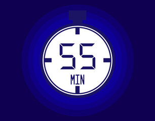 55 minutes stopwatch vector icon. Stopwatch icon in clock style. Timer for schedules and appointments on blue background