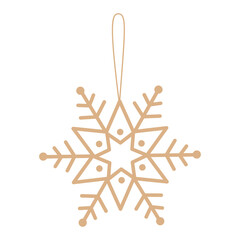 Gold snowflake Christmas tree toy on a string. Vector New Year illustration.