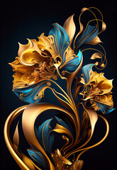 Abstract golden and blue colored flowers at floral composition. Postproducted generative AI digital illustration.