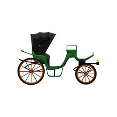 Fototapeta na wymiar Green retro carriage for queen or king vector illustration. Drawing of vintage cart for princess or royals without horses on white background. Antique, transportation, history concept