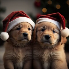 puppies wearing Santa hats