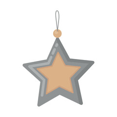Silver star Christmas tree toy with a golden middle on a string. Vector New Year illustration.