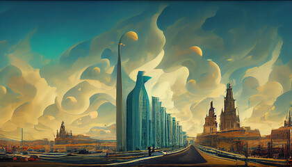 Abstract futuristic city with ultra speed highways, generative ai illustration in oil painting style