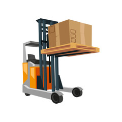 Reach truck forklift lifting boxes cartoon illustration. Industrial vehicle for work in warehouse isolated on white background. Logistic, distribution, shipment, storage, transportation concept.