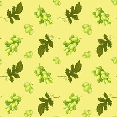 Grape. Seamless Pattern with Bunches of Green Grapes and Leaves. Bright Juicy Grape Berries. The illustration is hand drawn. Design for Packaging, Wine labels, stationery.