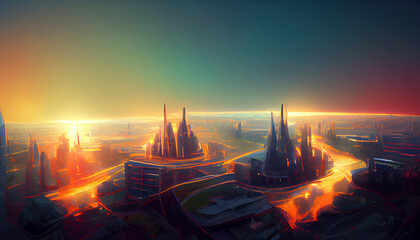 Abstract futuristic city with ultra speed highways, generative ai illustration 