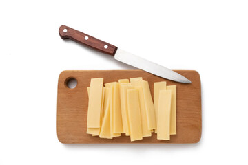 Piece and slices of cheese isolated on white background from top view