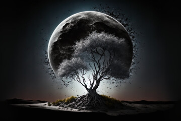 Fototapeta na wymiar tree silhouette against a starry night sky and moon Generative AI