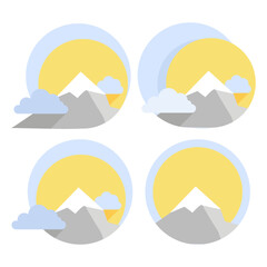 Gray mountains with sun and clouds in a circle