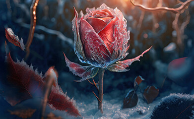 One frozen red rose hidden in cold grass. Postproducted generative AI digital illustration.