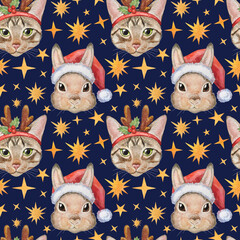 Watercolor hand-painted Christmas seamless pattern. New Years`pattern with rabbit`s and cat`s portraits and stars on a dark-blue background. - obrazy, fototapety, plakaty