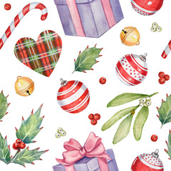 Watercolor hand-painted Christmas seamless pattern. New Years`pattern with holly and mistletoe branches, berries, bells, candy canes, presents, and Christmas tree toys on a transparent background.