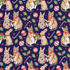 Watercolor hand-painted Christmas seamless pattern. New Years`pattern with holidays rabbit and cat, present, Christmas tree decorations, candy cane, and berries on a dark-blue background. - obrazy, fototapety, plakaty