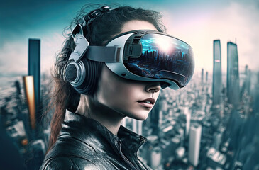 Woman equiped with VR headset exploring modern city from upper view. Postproducted generative AI digital illustration with non existing person. - obrazy, fototapety, plakaty
