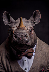 Rhinoceros Dresses in Tweed Jacket and Bow Tie. generative ai