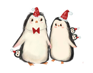 Cute christmas penguins character family hand drawn in watercolor kid infant illustration party.