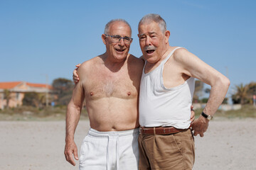 coppia di anziani al mare si abbraccia felice