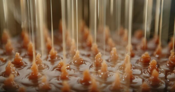 Seamless dripping caramel droplets flowing down liquid sweet sauce. Trickle stream brown orange tasty syrup drip flow. Confectionery, cooking dessert candies. Food production concept, candy factory