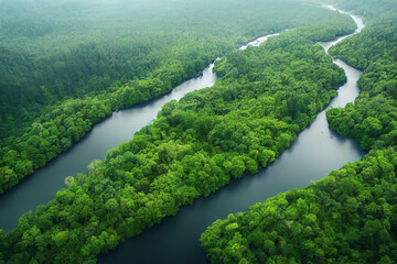 Fototapeta na wymiar Lush rainforest and rivers in summer, rainforest covered by green trees, beautiful tropical vista landscape, similar to Amazon rainforest, Congo, Southeast Asia, and other regions, generate ai.