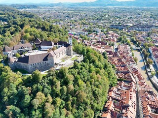 Fototapeta na wymiar Ljubljana Slovenia high angle drone aerial view sunny day